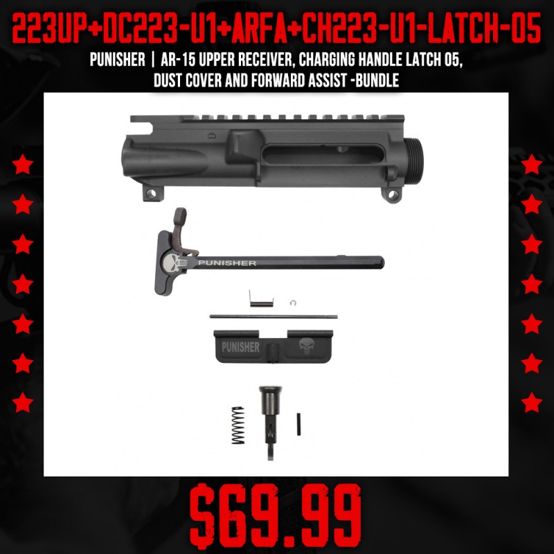 PUNISHER | AR-15 Upper Receiver, Charging Handle LATCH 05, Dust Cover and Forward Assist -Bundle PUNISHER | AR-15 Upper Receiver, Charging Handle LATCH 05, Dust Cover and Forward Assist -Bundle