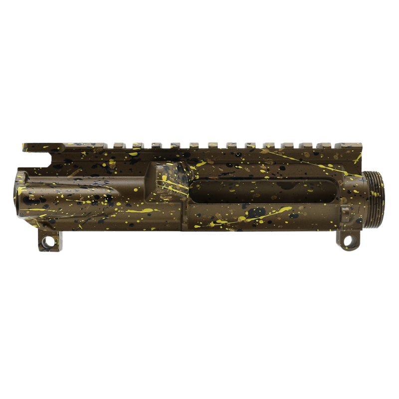 Cerakote Splatter| AR-15 Mil-Spec Upper Receiver - Base Burnt Bronze - Pattern - Gold - Black - Lemon Zest - Made in U.S.A Cerakote Splatter| AR-15 Mil-Spec Upper Receiver - Base Burnt Bronze - Pattern - Gold - Black - Lemon Zest - Made in U.S.A
