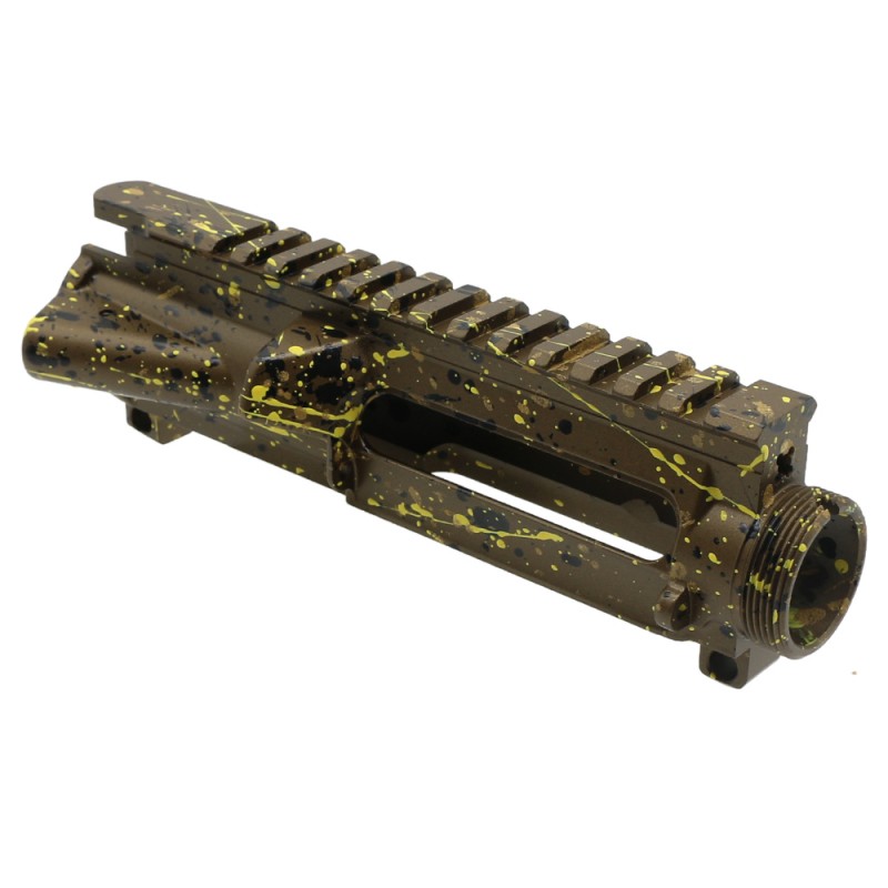 Cerakote Splatter| AR-15 Mil-Spec Upper Receiver - Base Burnt Bronze - Pattern - Gold - Black - Lemon Zest - Made in U.S.A Cerakote Splatter| AR-15 Mil-Spec Upper Receiver - Base Burnt Bronze - Pattern - Gold - Black - Lemon Zest - Made in U.S.A