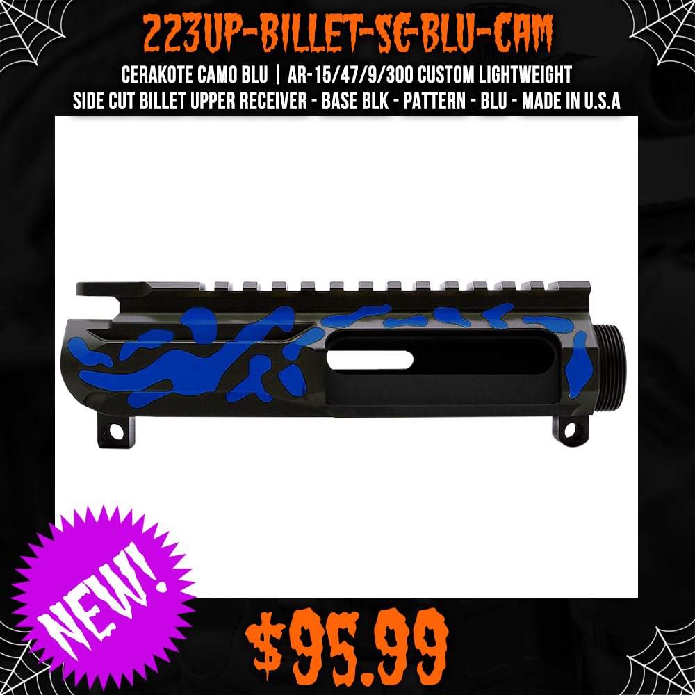CERAKOTE CAMO BLU | AR-15/47/9/300 Custom Lightweight Side Cut Billet Upper Receiver - Base BLK - Pattern - BLU - Made In U.S.A CERAKOTE CAMO BLU | AR-15/47/9/300 Custom Lightweight Side Cut Billet Upper Receiver - Base BLK - Pattern - BLU - Made In U.S.A