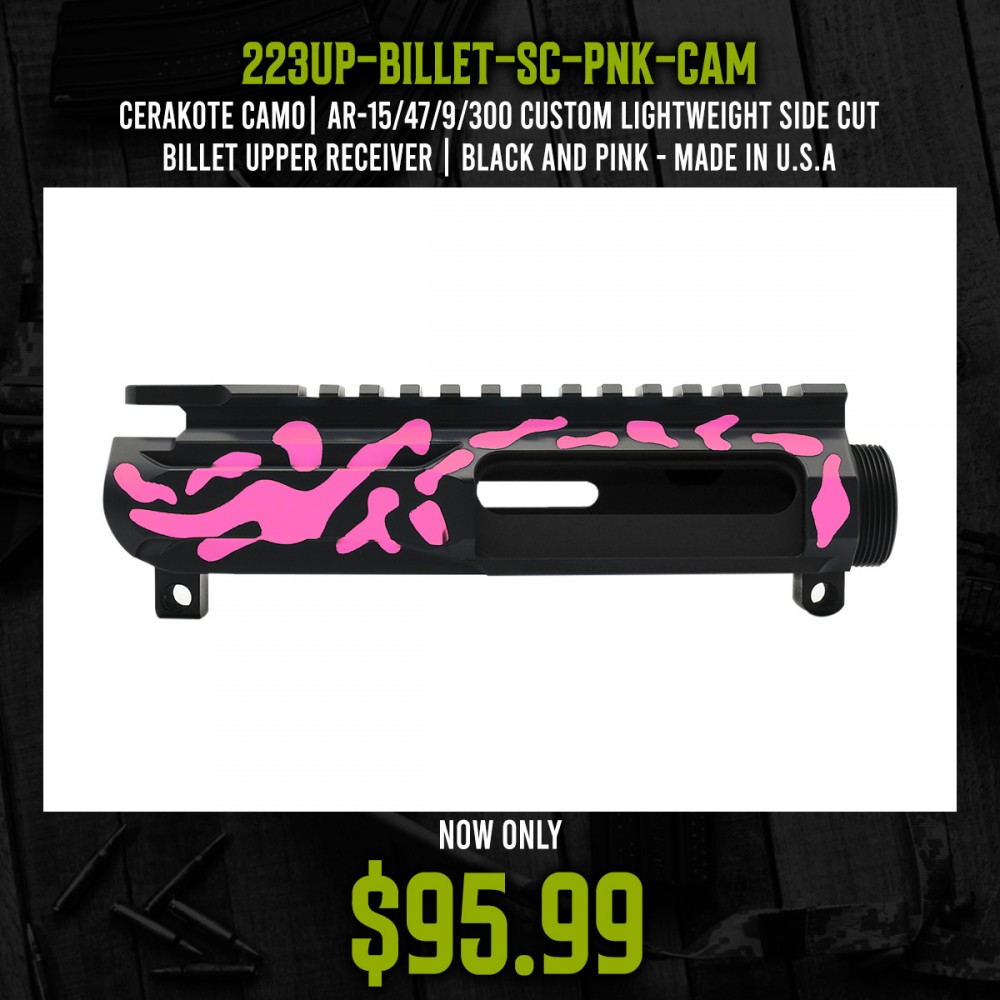 CERAKOTE CAMO| AR-15/47/9/300 Custom Lightweight Side Cut Billet Upper Receiver | Black and Pink - Made In U.S.A