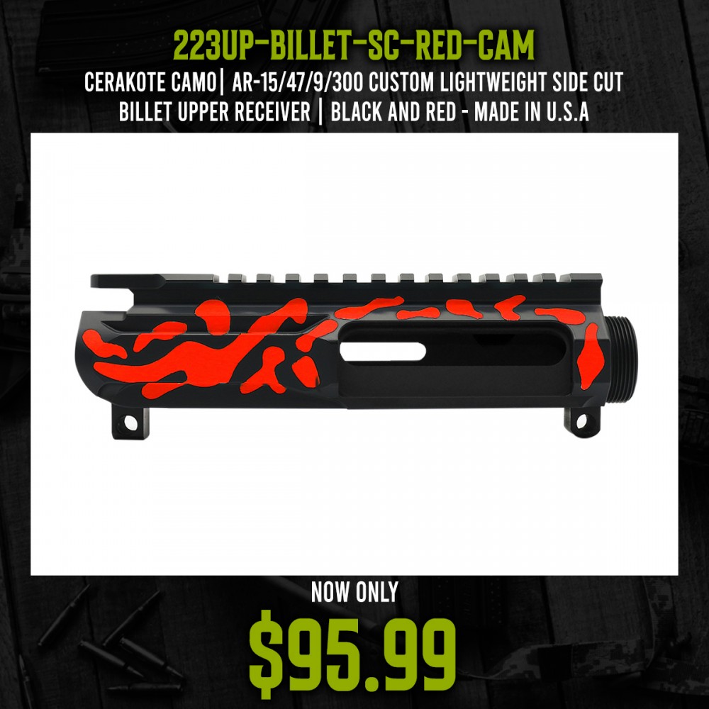 CERAKOTE CAMO| AR-15/47/9/300 Custom Lightweight Side Cut Billet Upper Receiver | Black and Red - Made In U.S.A