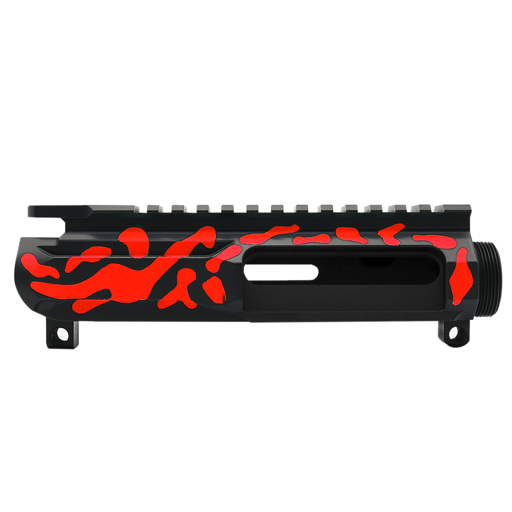 CERAKOTE CAMO| AR-15/47/9/300 Custom Lightweight Side Cut Billet Upper Receiver | Black and Red - Made In U.S.A