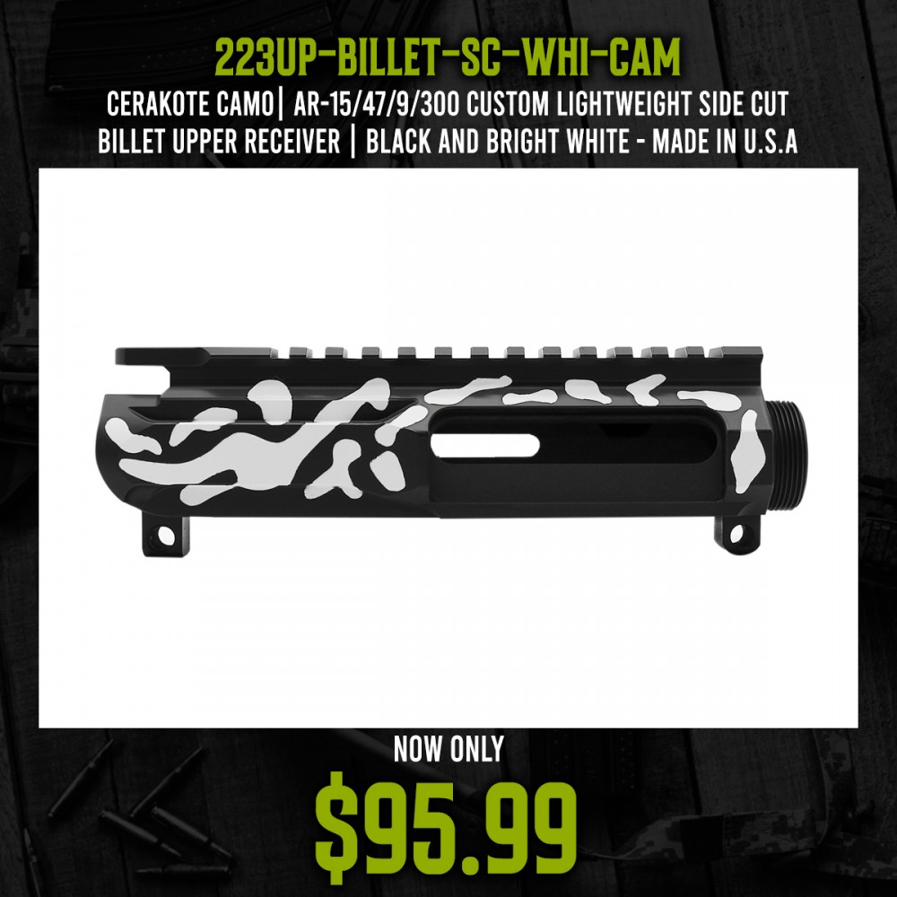 CERAKOTE CAMO| AR-15/47/9/300 Custom Lightweight Side Cut Billet Upper Receiver | Black and Bright White - Made In U.S.A