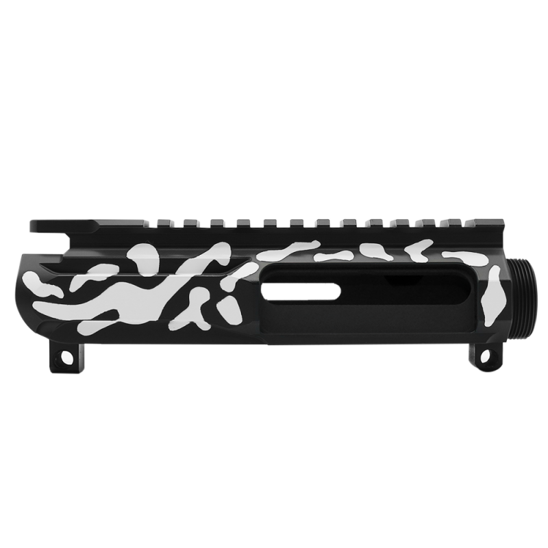 CERAKOTE CAMO| AR-15/47/9/300 Custom Lightweight Side Cut Billet Upper Receiver | Black and Bright White - Made In U.S.A