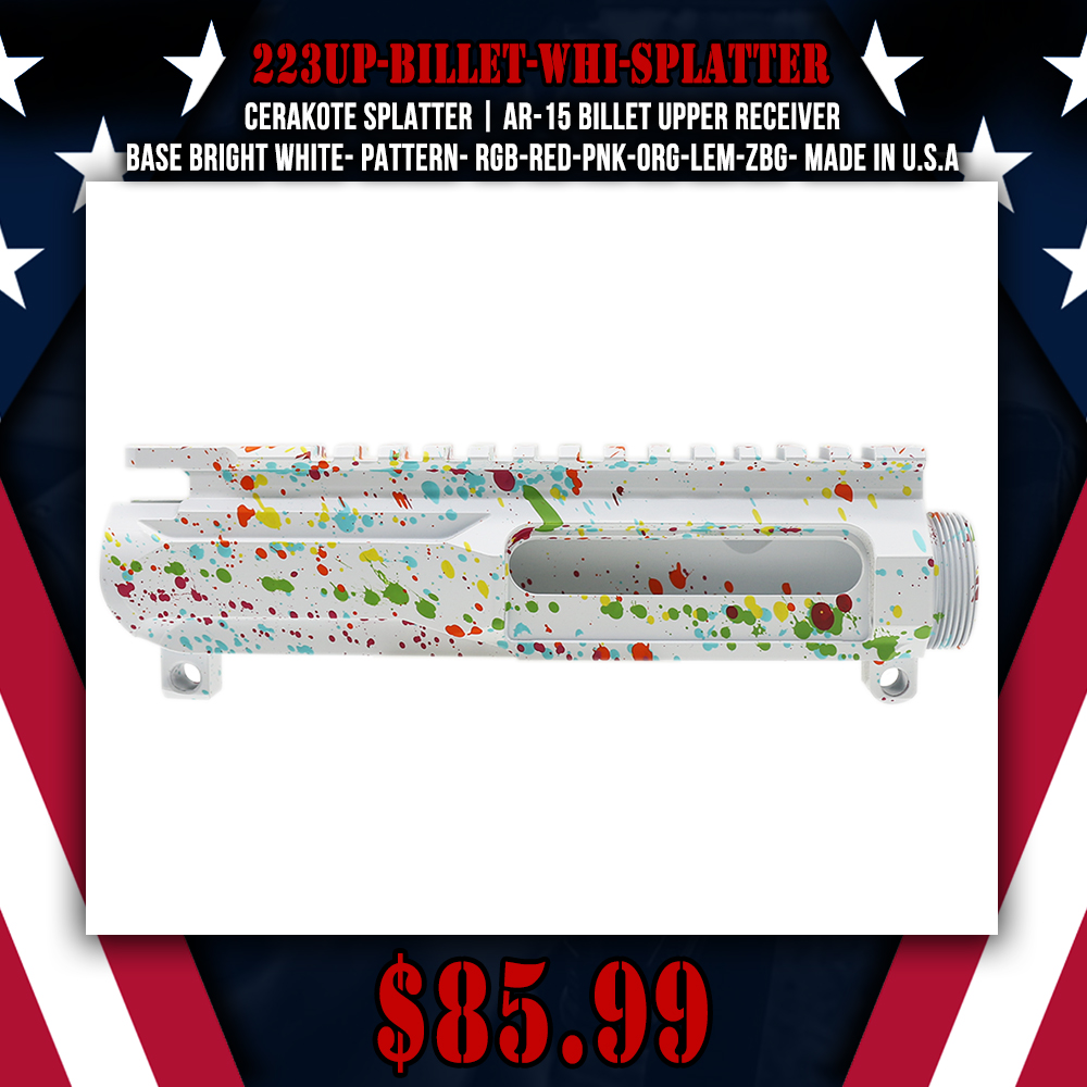 CERAKOTE SPLATTER| AR-15 BILLET UPPER RECEIVER| -BASE BRIGHT WHITE- PATTERN- RGB-RED-PNK-ORG-LEM-ZBG- MADE IN U.S.A CERAKOTE SPLATTER| AR-15 BILLET UPPER RECEIVER| -BASE BRIGHT WHITE- PATTERN- RGB-RED-PNK-ORG-LEM-ZBG- MADE IN U.S.A