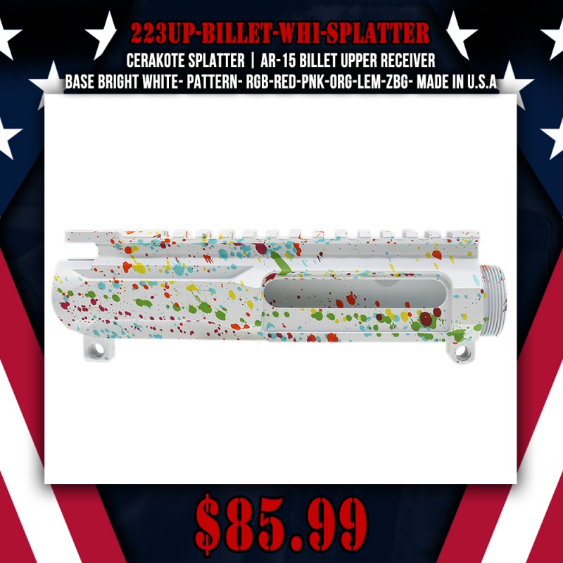 CERAKOTE SPLATTER| AR-15 BILLET UPPER RECEIVER| -BASE BRIGHT WHITE- PATTERN- RGB-RED-PNK-ORG-LEM-ZBG- MADE IN U.S.A CERAKOTE SPLATTER| AR-15 BILLET UPPER RECEIVER| -BASE BRIGHT WHITE- PATTERN- RGB-RED-PNK-ORG-LEM-ZBG- MADE IN U.S.A