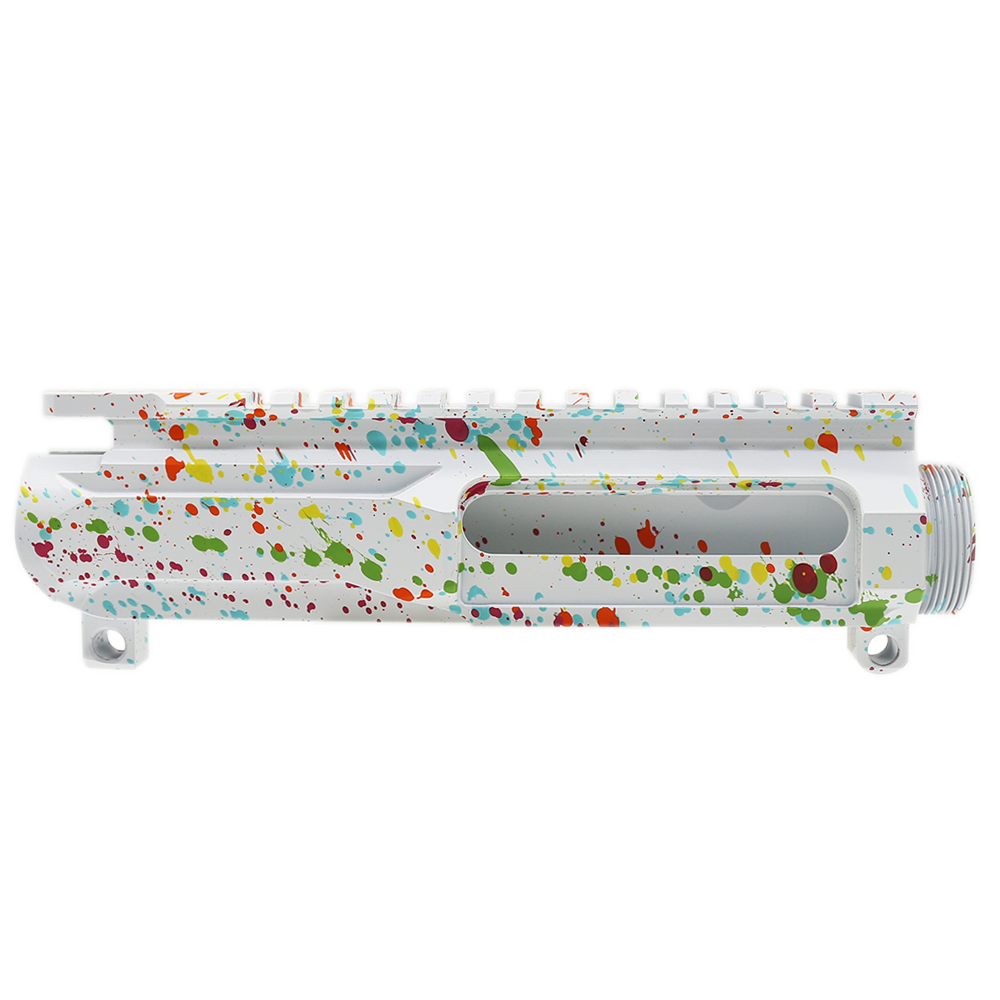 CERAKOTE SPLATTER| AR-15 BILLET UPPER RECEIVER| -BASE BRIGHT WHITE- PATTERN- RGB-RED-PNK-ORG-LEM-ZBG- MADE IN U.S.A