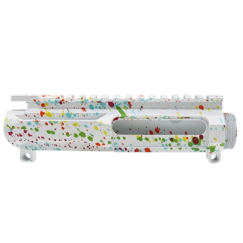 CERAKOTE SPLATTER| AR-15 BILLET UPPER RECEIVER| -BASE BRIGHT WHITE- PATTERN- RGB-RED-PNK-ORG-LEM-ZBG- MADE IN U.S.A