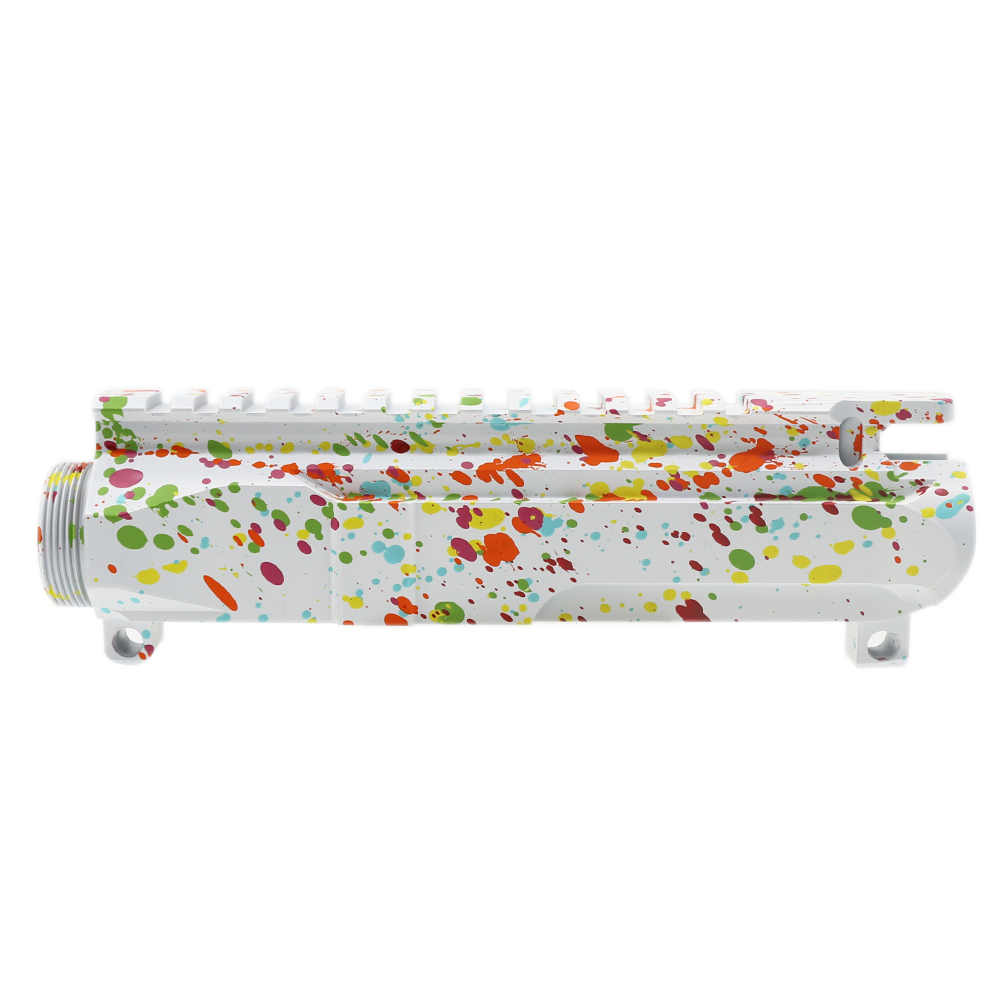 CERAKOTE SPLATTER| AR-15 BILLET UPPER RECEIVER| -BASE BRIGHT WHITE- PATTERN- RGB-RED-PNK-ORG-LEM-ZBG- MADE IN U.S.A