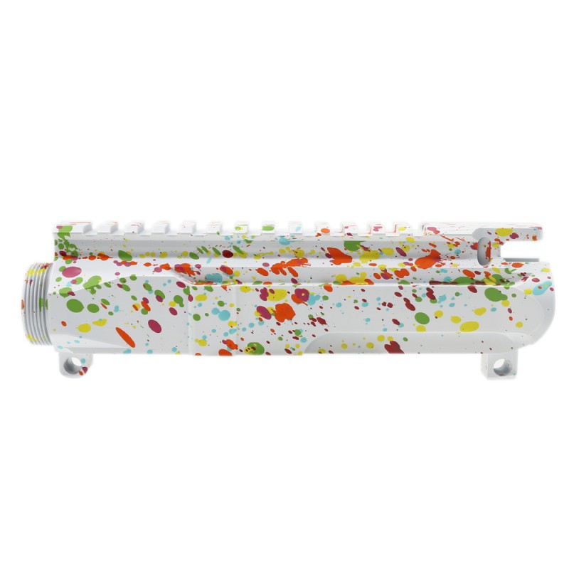 CERAKOTE SPLATTER| AR-15 BILLET UPPER RECEIVER| -BASE BRIGHT WHITE- PATTERN- RGB-RED-PNK-ORG-LEM-ZBG- MADE IN U.S.A