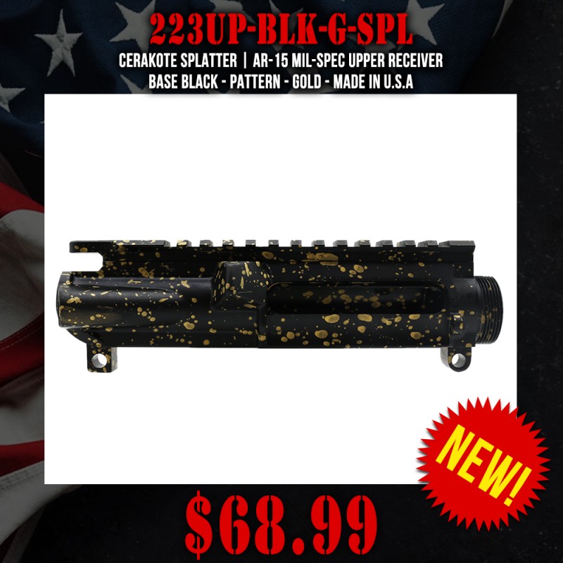 Cerakote Splatter| AR-15 Mil-Spec Upper Receiver - Base Black - Pattern - Gold - Made in U.S.A Cerakote Splatter| AR-15 Mil-Spec Upper Receiver - Base Black - Pattern - Gold - Made in U.S.A