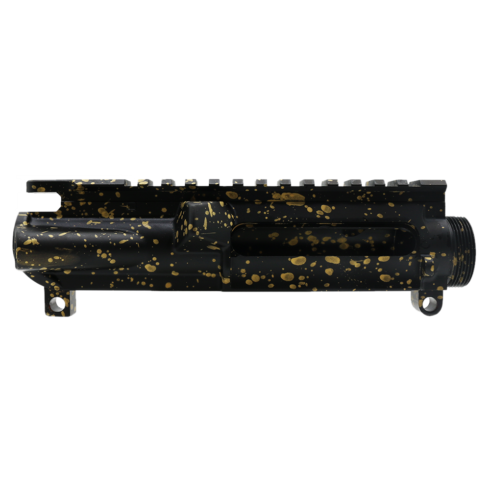 Cerakote Splatter| AR-15 Mil-Spec Upper Receiver - Base Black - Pattern - Gold - Made in U.S.A Cerakote Splatter| AR-15 Mil-Spec Upper Receiver - Base Black - Pattern - Gold - Made in U.S.A