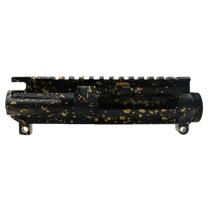 Cerakote Splatter| AR-15 Mil-Spec Upper Receiver - Base Black - Pattern - Gold - Made in U.S.A Cerakote Splatter| AR-15 Mil-Spec Upper Receiver - Base Black - Pattern - Gold - Made in U.S.A