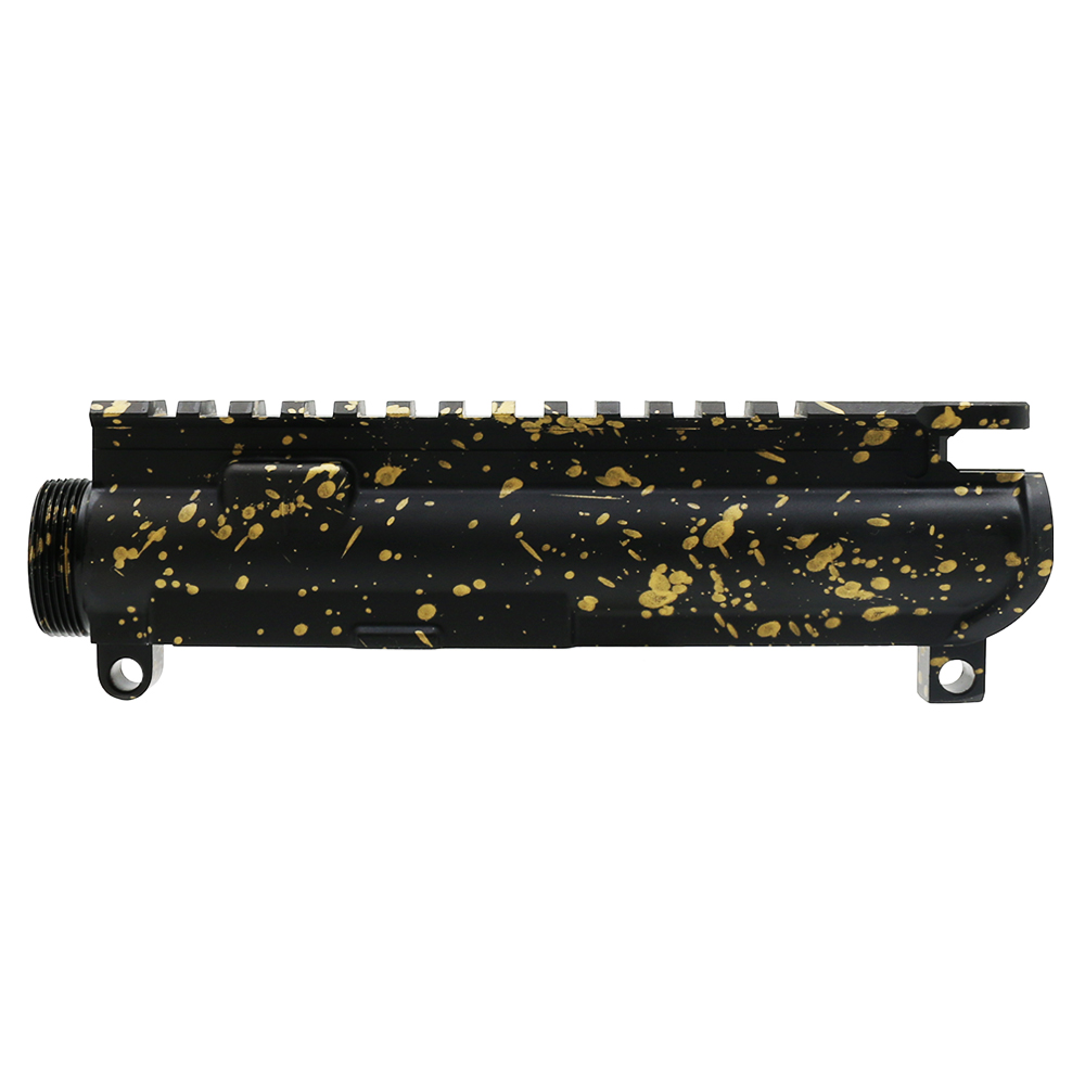 Cerakote Splatter| AR-15 Mil-Spec Upper Receiver - Base Black - Pattern - Gold - Made in U.S.A Cerakote Splatter| AR-15 Mil-Spec Upper Receiver - Base Black - Pattern - Gold - Made in U.S.A