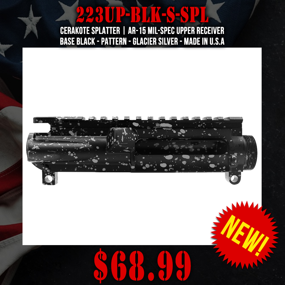 Cerakote Splatter| AR-15 Mil-Spec Upper Receiver - Base Black - Pattern - Glacier Silver - Made in U.S.A Cerakote Splatter| AR-15 Mil-Spec Upper Receiver - Base Black - Pattern - Glacier Silver - Made in U.S.A