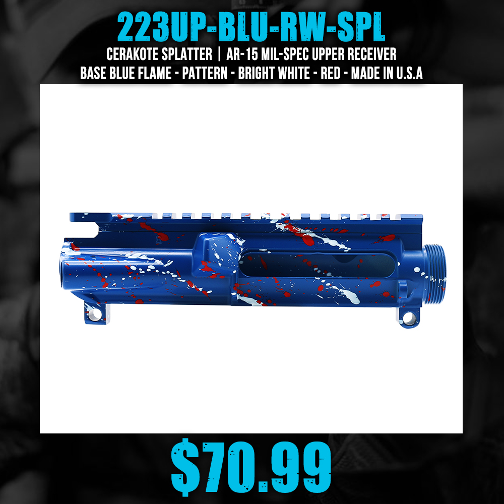 Cerakote Splatter| AR-15 Mil-Spec Upper Receiver - Base Blue Flame - Pattern - Bright White - Red - Made in U.S.A Cerakote Splatter| AR-15 Mil-Spec Upper Receiver - Base Blue Flame - Pattern - Bright White - Red - Made in U.S.A