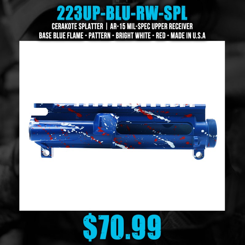 Cerakote Splatter| AR-15 Mil-Spec Upper Receiver - Base Blue Flame - Pattern - Bright White - Red - Made in U.S.A Cerakote Splatter| AR-15 Mil-Spec Upper Receiver - Base Blue Flame - Pattern - Bright White - Red - Made in U.S.A