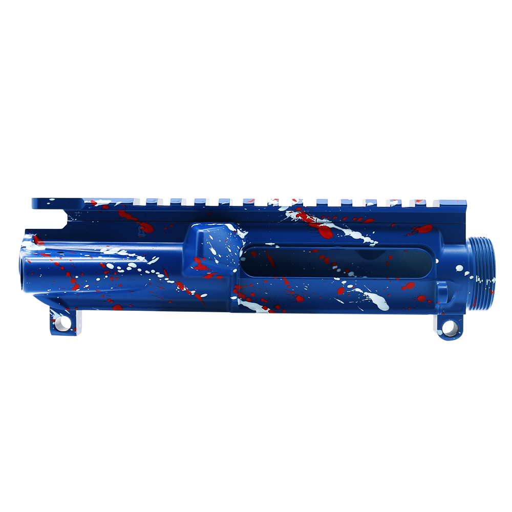 Cerakote Splatter| AR-15 Mil-Spec Upper Receiver - Base Blue Flame - Pattern - Bright White - Red - Made in U.S.A Cerakote Splatter| AR-15 Mil-Spec Upper Receiver - Base Blue Flame - Pattern - Bright White - Red - Made in U.S.A