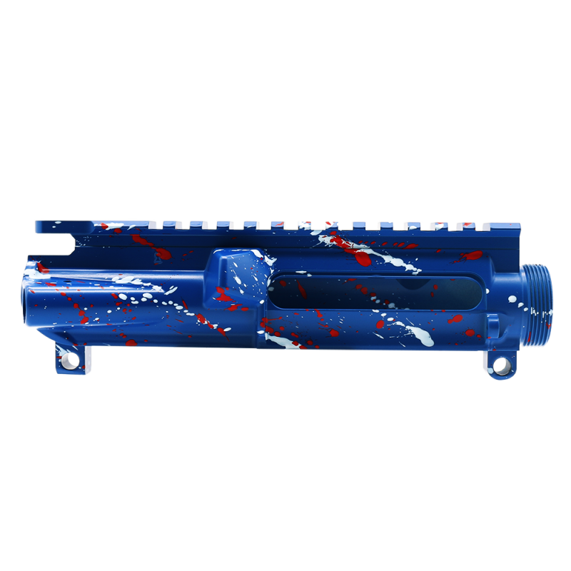Cerakote Splatter| AR-15 Mil-Spec Upper Receiver - Base Blue Flame - Pattern - Bright White - Red - Made in U.S.A Cerakote Splatter| AR-15 Mil-Spec Upper Receiver - Base Blue Flame - Pattern - Bright White - Red - Made in U.S.A