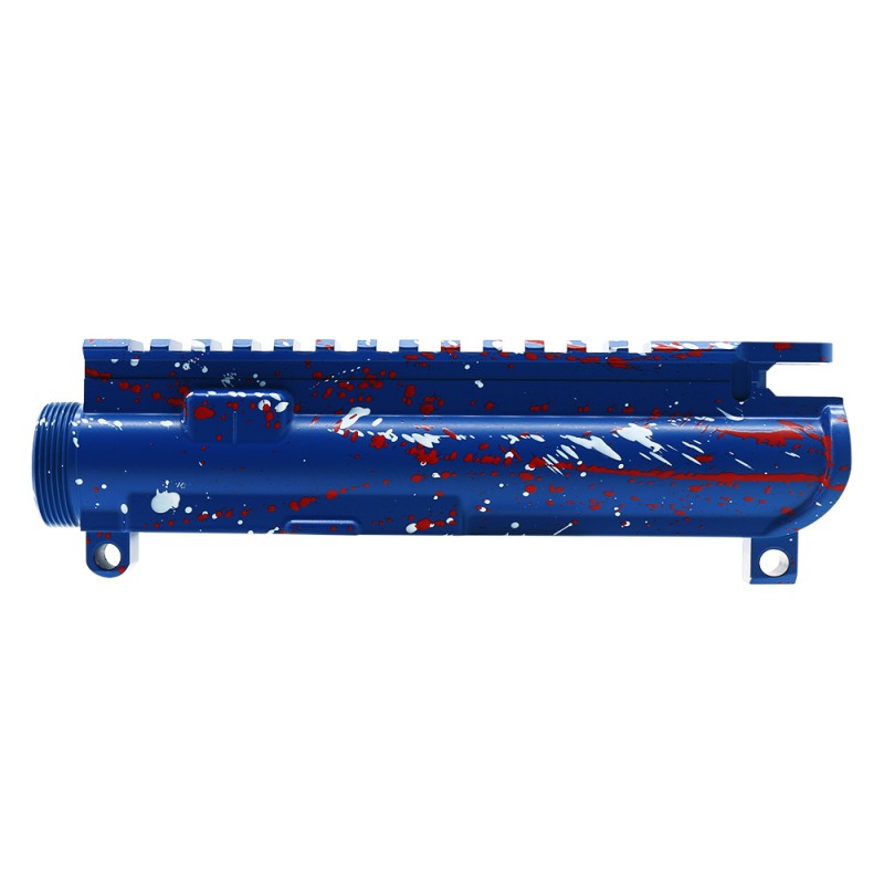 Cerakote Splatter| AR-15 Mil-Spec Upper Receiver - Base Blue Flame - Pattern - Bright White - Red - Made in U.S.A Cerakote Splatter| AR-15 Mil-Spec Upper Receiver - Base Blue Flame - Pattern - Bright White - Red - Made in U.S.A