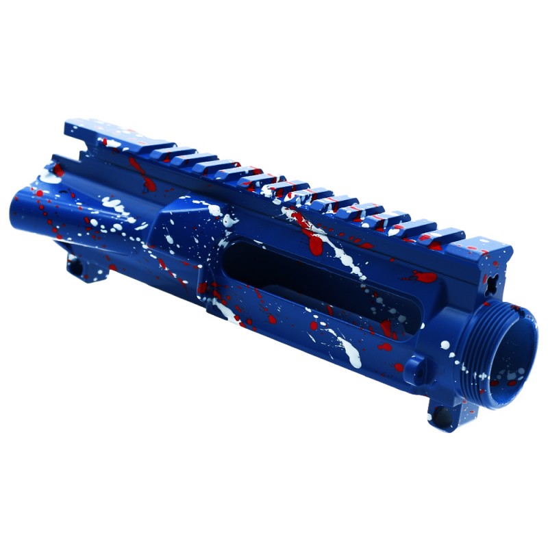 Cerakote Splatter| AR-15 Mil-Spec Upper Receiver - Base Blue Flame - Pattern - Bright White - Red - Made in U.S.A Cerakote Splatter| AR-15 Mil-Spec Upper Receiver - Base Blue Flame - Pattern - Bright White - Red - Made in U.S.A