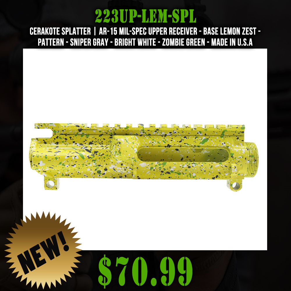 Cerakote Splatter| AR-15 Mil-Spec Upper Receiver - Base Lemon Zest - Pattern - Sniper Gray - Bright White - Zombie Green - Made in U.S.A Cerakote Splatter| AR-15 Mil-Spec Upper Receiver - Base Lemon Zest - Pattern - Sniper Gray - Bright White - Zombie Green - Made in U.S.A