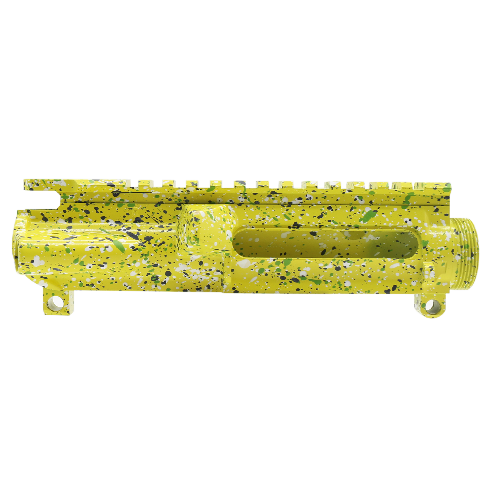 Cerakote Splatter| AR-15 Mil-Spec Upper Receiver - Base Lemon Zest - Pattern - Sniper Gray - Bright White - Zombie Green - Made in U.S.A Cerakote Splatter| AR-15 Mil-Spec Upper Receiver - Base Lemon Zest - Pattern - Sniper Gray - Bright White - Zombie Green - Made in U.S.A