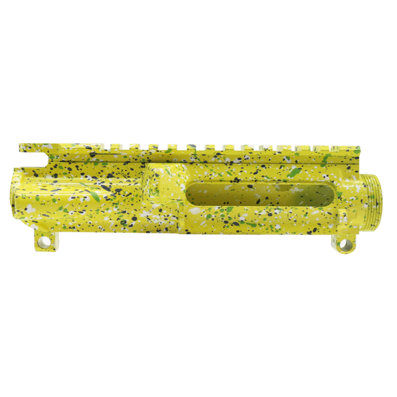 Cerakote Splatter| AR-15 Mil-Spec Upper Receiver - Base Lemon Zest - Pattern - Sniper Gray - Bright White - Zombie Green - Made in U.S.A Cerakote Splatter| AR-15 Mil-Spec Upper Receiver - Base Lemon Zest - Pattern - Sniper Gray - Bright White - Zombie Green - Made in U.S.A