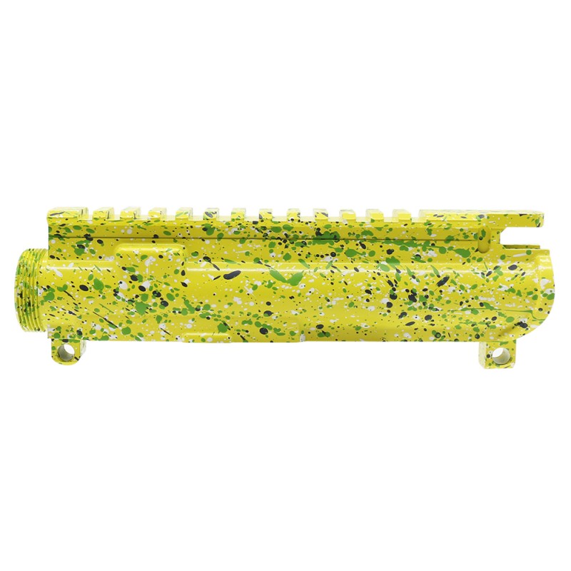 Cerakote Splatter| AR-15 Mil-Spec Upper Receiver - Base Lemon Zest - Pattern - Sniper Gray - Bright White - Zombie Green - Made in U.S.A Cerakote Splatter| AR-15 Mil-Spec Upper Receiver - Base Lemon Zest - Pattern - Sniper Gray - Bright White - Zombie Green - Made in U.S.A