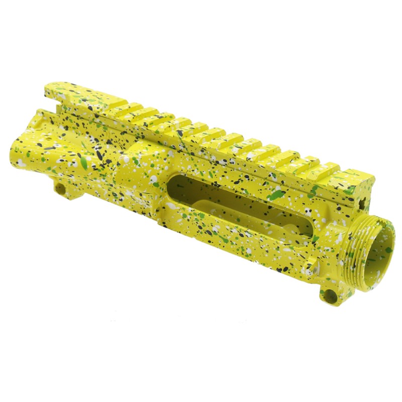 Cerakote Splatter| AR-15 Mil-Spec Upper Receiver - Base Lemon Zest - Pattern - Sniper Gray - Bright White - Zombie Green - Made in U.S.A Cerakote Splatter| AR-15 Mil-Spec Upper Receiver - Base Lemon Zest - Pattern - Sniper Gray - Bright White - Zombie Green - Made in U.S.A