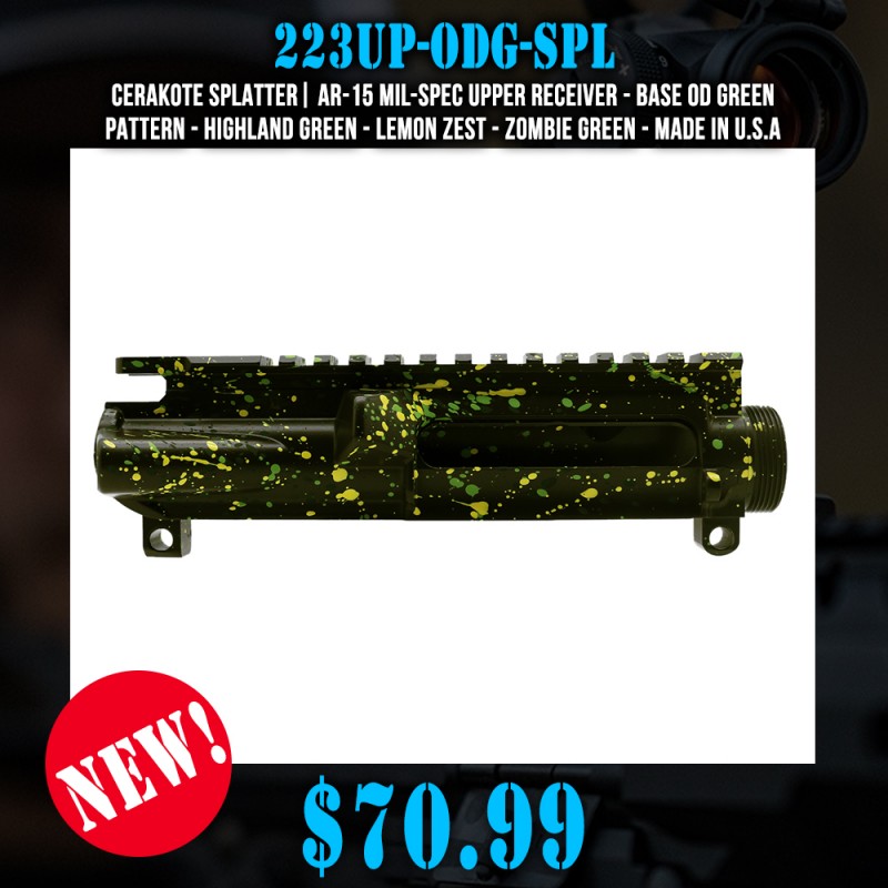 Cerakote Splatter| AR-15 Mil-Spec Upper Receiver - Base OD Green - Pattern - Highland Green - Lemon Zest - Zombie Green - Made in U.S.A Cerakote Splatter| AR-15 Mil-Spec Upper Receiver - Base OD Green - Pattern - Highland Green - Lemon Zest - Zombie Green - Made in U.S.A