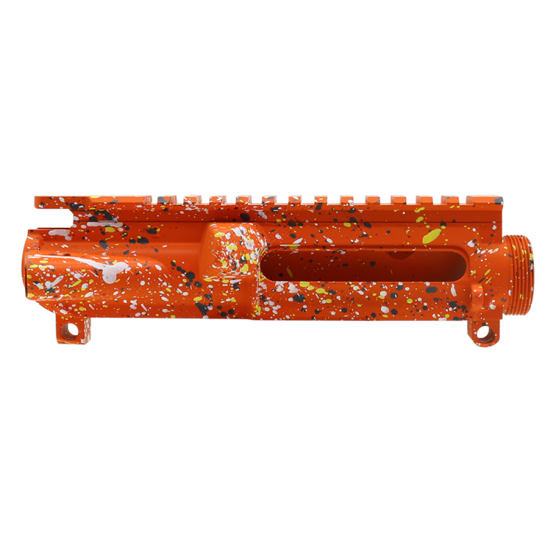 Cerakote Splatter| AR-15 Mil-Spec Upper Receiver - Base Hunter Orange - Pattern - Sniper Gray - Bright White - Lemon Zest - Made in U.S.A Cerakote Splatter| AR-15 Mil-Spec Upper Receiver - Base Hunter Orange - Pattern - Sniper Gray - Bright White - Lemon Zest - Made in U.S.A