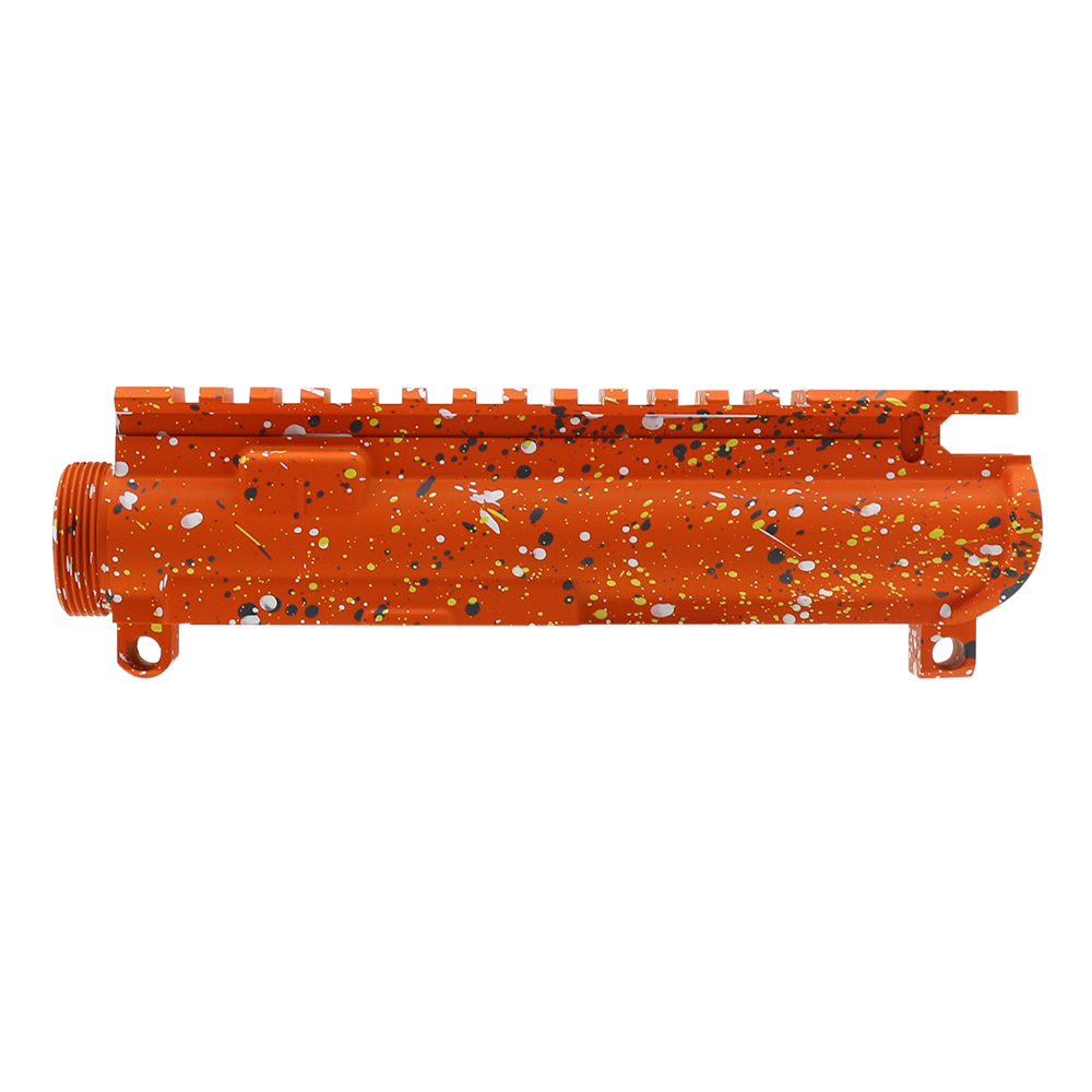 Cerakote Splatter| AR-15 Mil-Spec Upper Receiver - Base Hunter Orange - Pattern - Sniper Gray - Bright White - Lemon Zest - Made in U.S.A Cerakote Splatter| AR-15 Mil-Spec Upper Receiver - Base Hunter Orange - Pattern - Sniper Gray - Bright White - Lemon Zest - Made in U.S.A