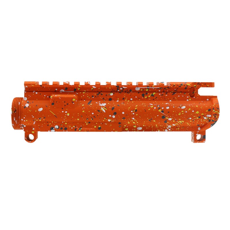 Cerakote Splatter| AR-15 Mil-Spec Upper Receiver - Base Hunter Orange - Pattern - Sniper Gray - Bright White - Lemon Zest - Made in U.S.A Cerakote Splatter| AR-15 Mil-Spec Upper Receiver - Base Hunter Orange - Pattern - Sniper Gray - Bright White - Lemon Zest - Made in U.S.A