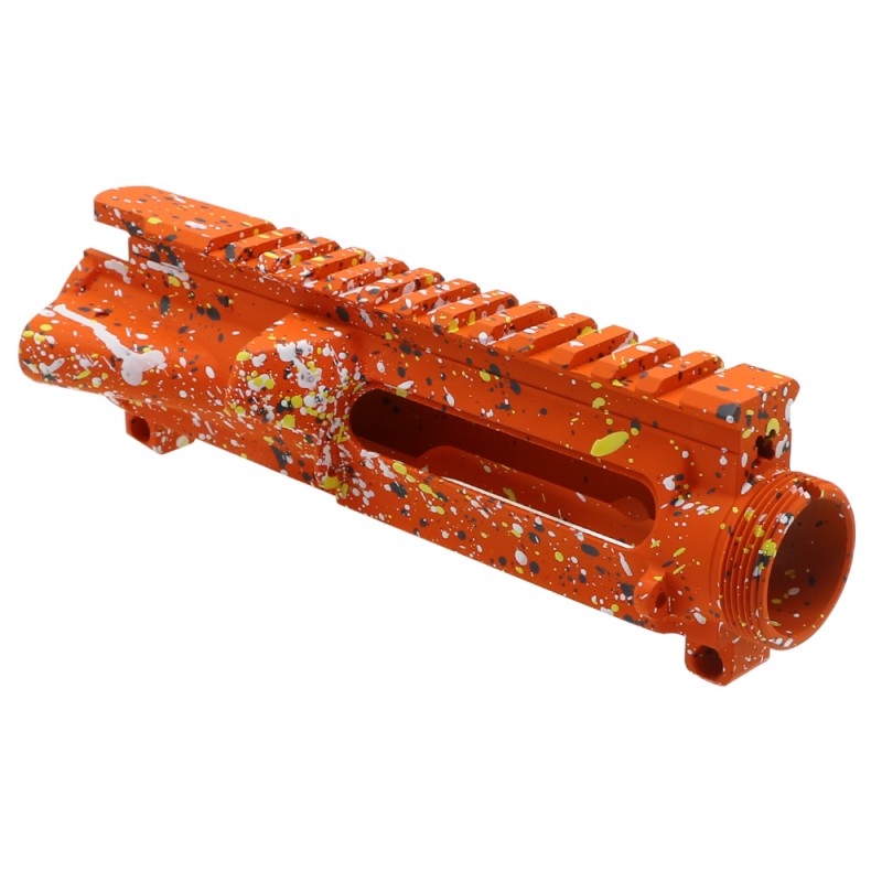 Cerakote Splatter| AR-15 Mil-Spec Upper Receiver - Base Hunter Orange - Pattern - Sniper Gray - Bright White - Lemon Zest - Made in U.S.A Cerakote Splatter| AR-15 Mil-Spec Upper Receiver - Base Hunter Orange - Pattern - Sniper Gray - Bright White - Lemon Zest - Made in U.S.A