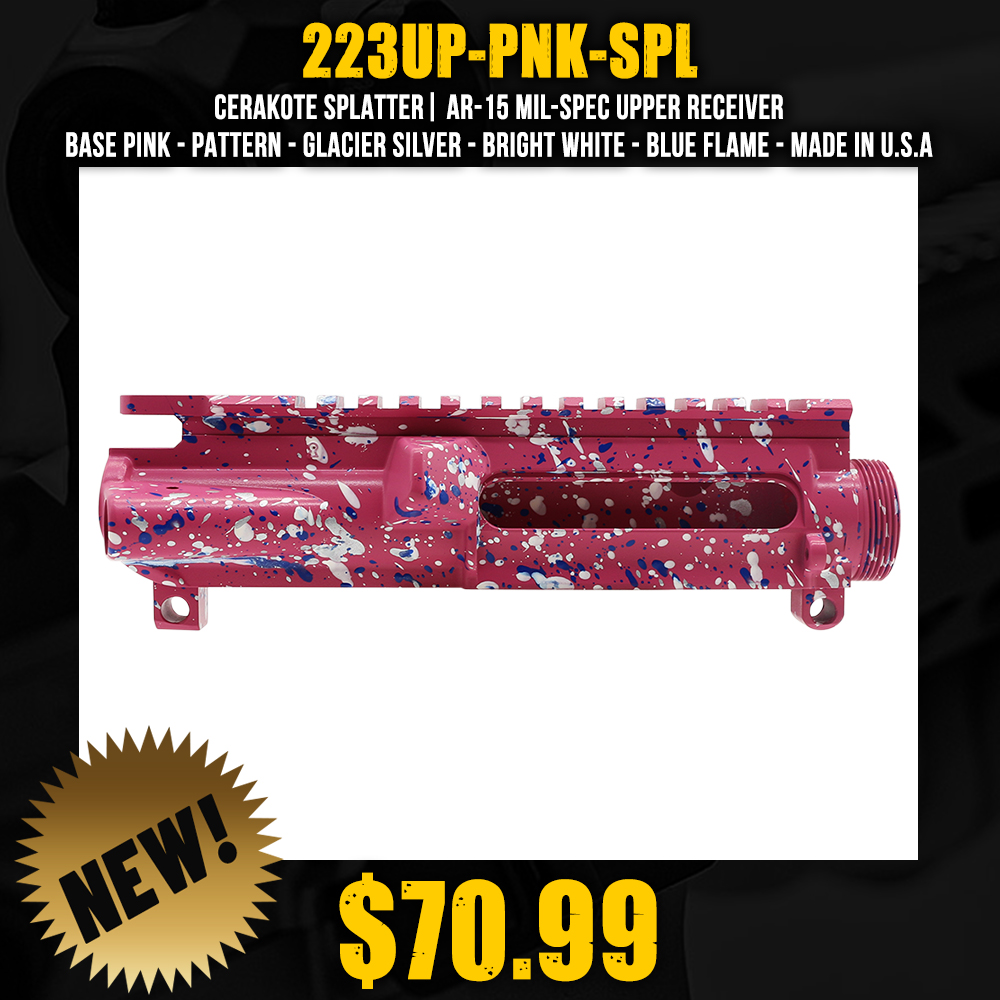 Cerakote Splatter| AR-15 Mil-Spec Upper Receiver - Base Pink - Pattern - Glacier Silver - Bright White - Blue Flame - Made in U.S.A Cerakote Splatter| AR-15 Mil-Spec Upper Receiver - Base Pink - Pattern - Glacier Silver - Bright White - Blue Flame - Made in U.S.A