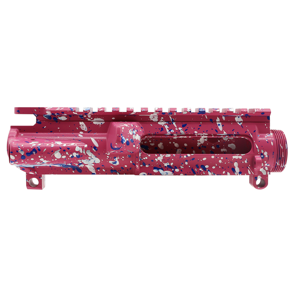 Cerakote Splatter| AR-15 Mil-Spec Upper Receiver - Base Pink - Pattern - Glacier Silver - Bright White - Blue Flame - Made in U.S.A