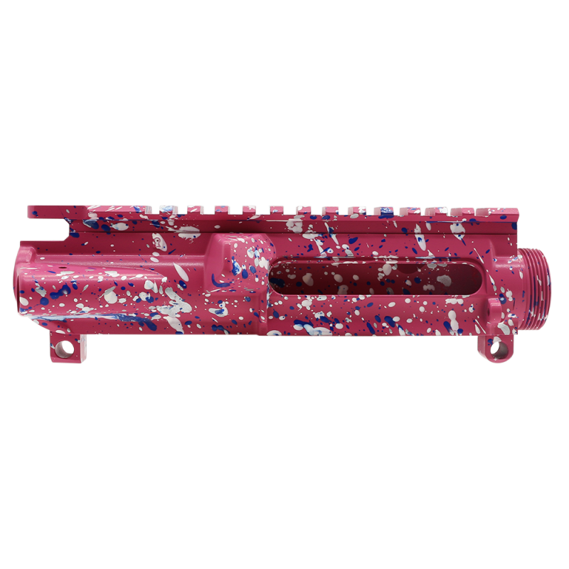 Cerakote Splatter| AR-15 Mil-Spec Upper Receiver - Base Pink - Pattern - Glacier Silver - Bright White - Blue Flame - Made in U.S.A