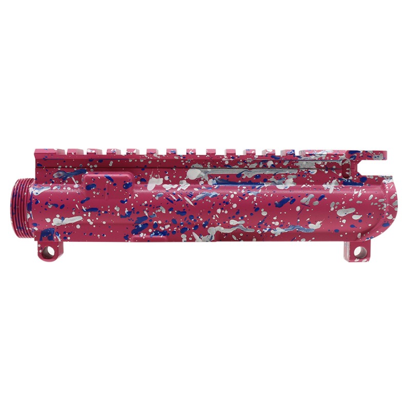Cerakote Splatter| AR-15 Mil-Spec Upper Receiver - Base Pink - Pattern - Glacier Silver - Bright White - Blue Flame - Made in U.S.A