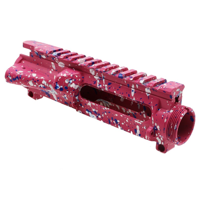 Cerakote Splatter| AR-15 Mil-Spec Upper Receiver - Base Pink - Pattern - Glacier Silver - Bright White - Blue Flame - Made in U.S.A