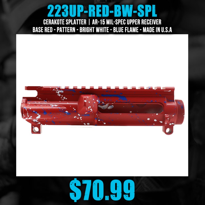 Cerakote Splatter| AR-15 Mil-Spec Upper Receiver - Base Red - Pattern - Bright White - Blue Flame - Made in U.S.A Cerakote Splatter| AR-15 Mil-Spec Upper Receiver - Base Red - Pattern - Bright White - Blue Flame - Made in U.S.A