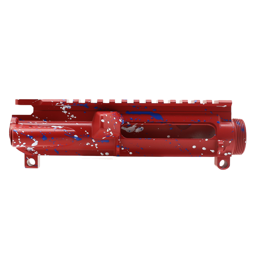Cerakote Splatter| AR-15 Mil-Spec Upper Receiver - Base Red - Pattern - Bright White - Blue Flame - Made in U.S.A Cerakote Splatter| AR-15 Mil-Spec Upper Receiver - Base Red - Pattern - Bright White - Blue Flame - Made in U.S.A