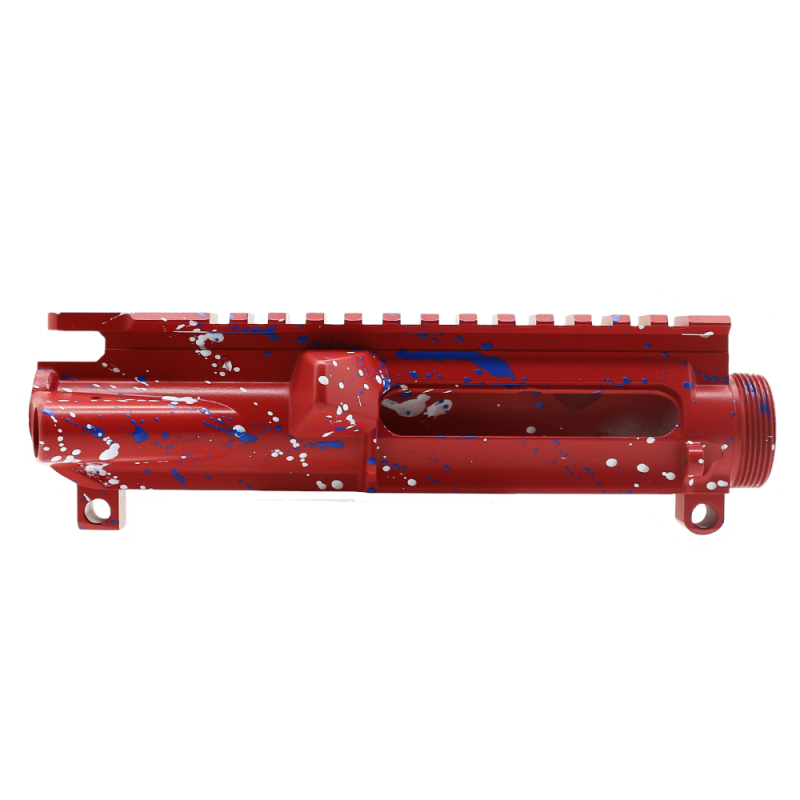 Cerakote Splatter| AR-15 Mil-Spec Upper Receiver - Base Red - Pattern - Bright White - Blue Flame - Made in U.S.A Cerakote Splatter| AR-15 Mil-Spec Upper Receiver - Base Red - Pattern - Bright White - Blue Flame - Made in U.S.A