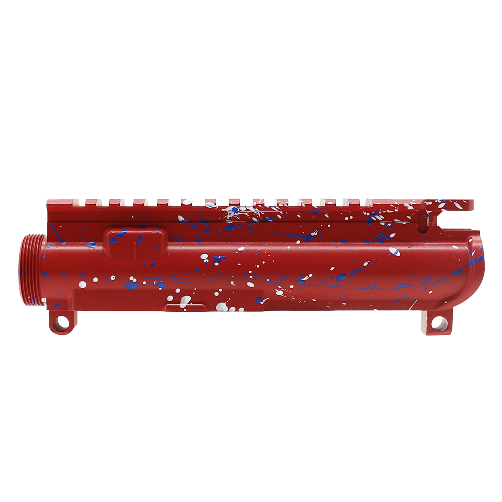 Cerakote Splatter| AR-15 Mil-Spec Upper Receiver - Base Red - Pattern - Bright White - Blue Flame - Made in U.S.A Cerakote Splatter| AR-15 Mil-Spec Upper Receiver - Base Red - Pattern - Bright White - Blue Flame - Made in U.S.A