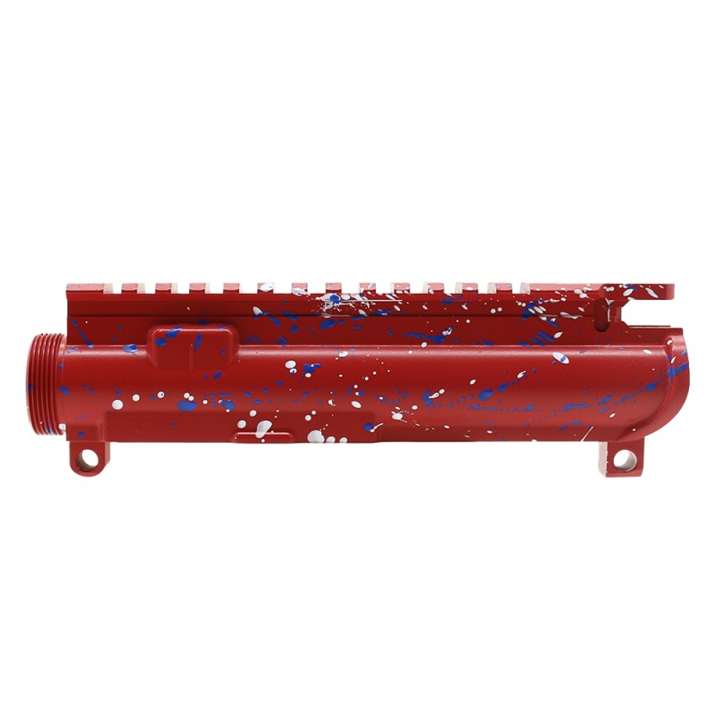 Cerakote Splatter| AR-15 Mil-Spec Upper Receiver - Base Red - Pattern - Bright White - Blue Flame - Made in U.S.A Cerakote Splatter| AR-15 Mil-Spec Upper Receiver - Base Red - Pattern - Bright White - Blue Flame - Made in U.S.A