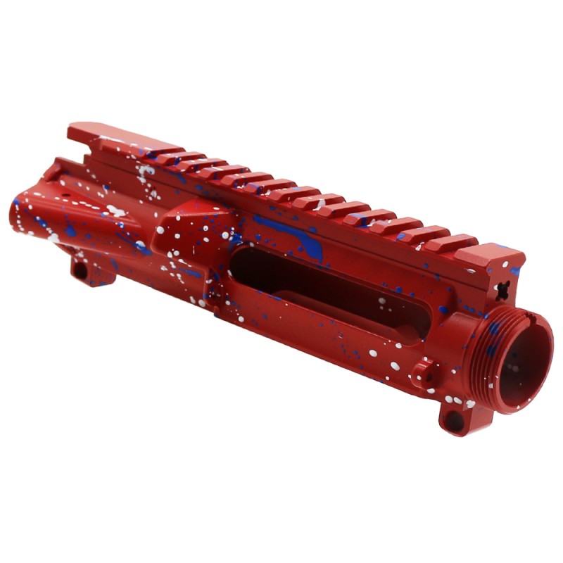 Cerakote Splatter| AR-15 Mil-Spec Upper Receiver - Base Red - Pattern - Bright White - Blue Flame - Made in U.S.A Cerakote Splatter| AR-15 Mil-Spec Upper Receiver - Base Red - Pattern - Bright White - Blue Flame - Made in U.S.A