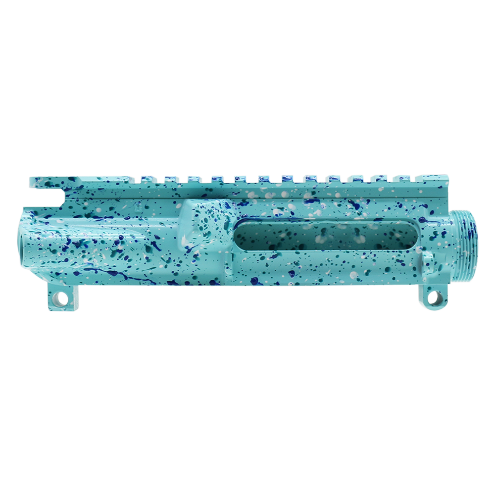 Cerakote Splatter| AR-15 Mil-Spec Upper Receiver - Base Robins Egg - Pattern - Bright White - Aqua Teal - Blue Flame - Made in U.S.A