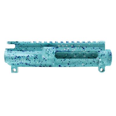 Cerakote Splatter| AR-15 Mil-Spec Upper Receiver - Base Robins Egg - Pattern - Bright White - Aqua Teal - Blue Flame - Made in U.S.A