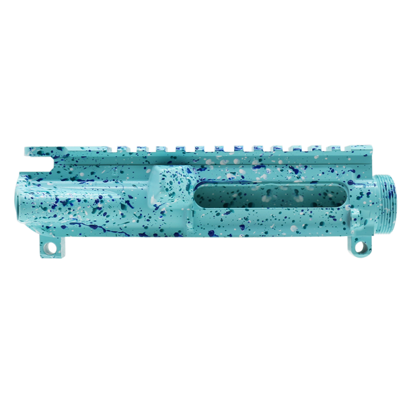 Cerakote Splatter| AR-15 Mil-Spec Upper Receiver - Base Robins Egg - Pattern - Bright White - Aqua Teal - Blue Flame - Made in U.S.A Cerakote Splatter| AR-15 Mil-Spec Upper Receiver - Base Robins Egg - Pattern - Bright White - Aqua Teal - Blue Flame - Made in U.S.A
